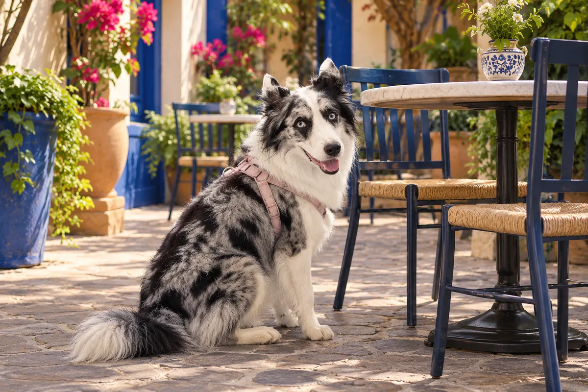 Recreación con IA de Avena, border collie blue merle, en una escena de restaurante para la ficha de Sabor Mexicano.