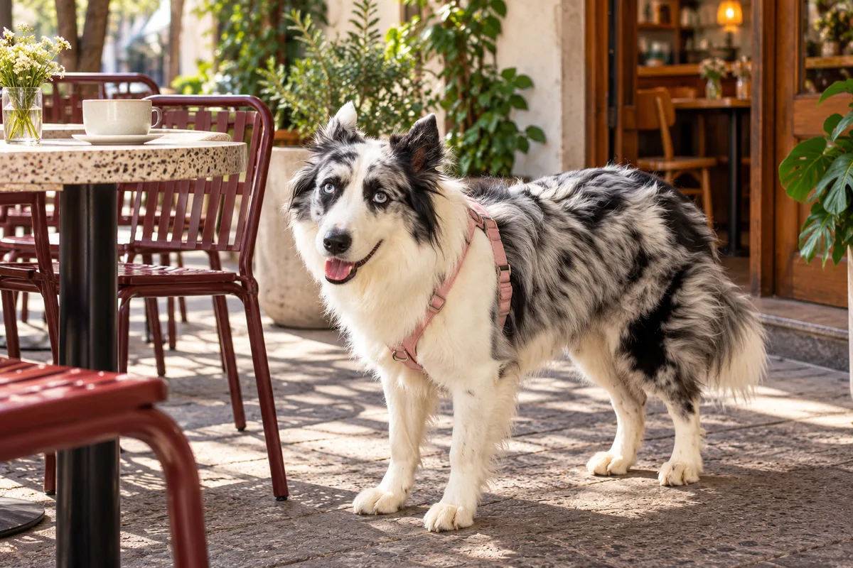 Recreación con IA de Avena, border collie blue merle, en una escena de restaurante para la ficha de Saint Malo Café.