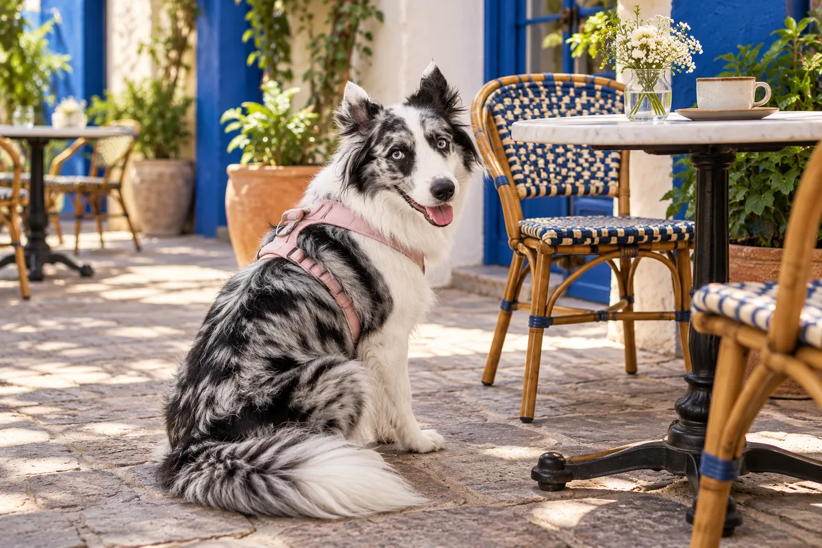 Recreación con IA de Avena, border collie blue merle, en una escena de restaurante para la ficha de Sinónimo.