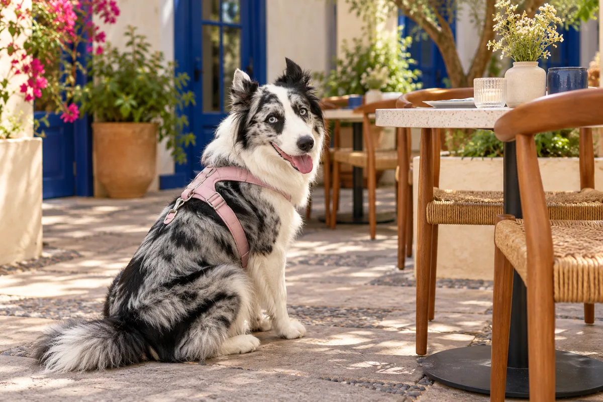 Recreación con IA de Avena, border collie blue merle, en una escena de restaurante para la ficha de SSAM.