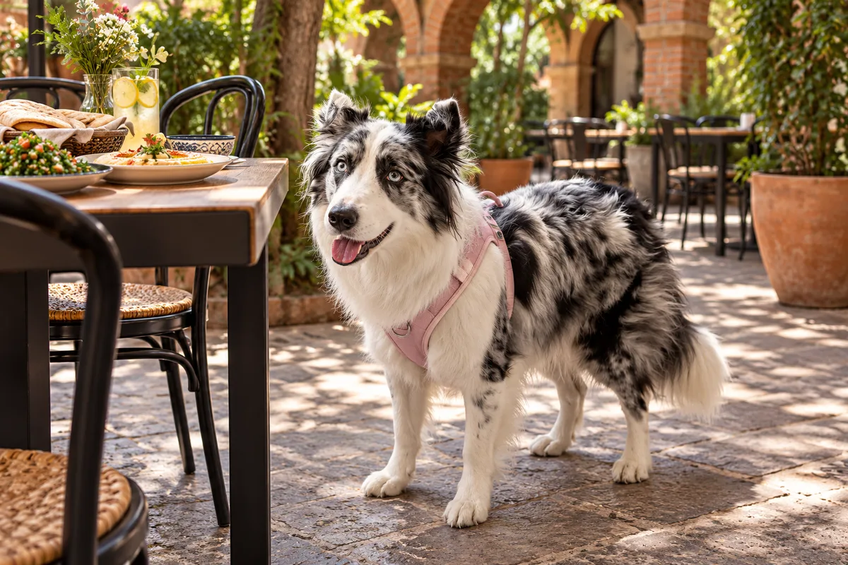 Recreación con IA de Avena, border collie blue merle, en una escena de restaurante para la ficha de Suleyma — Comida Libanesa.