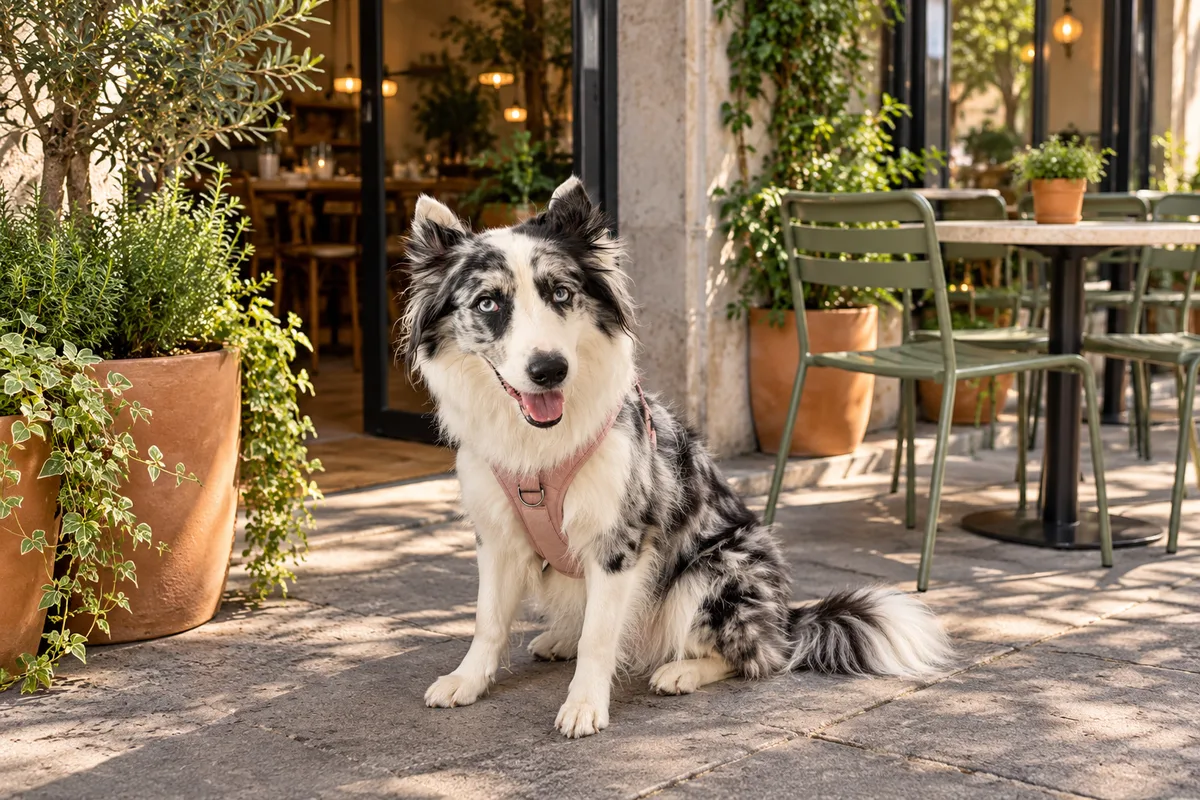 Recreación con IA de Avena, border collie blue merle, afuera de un acceso imaginado para la ficha de Teté Cocina de Barrio.