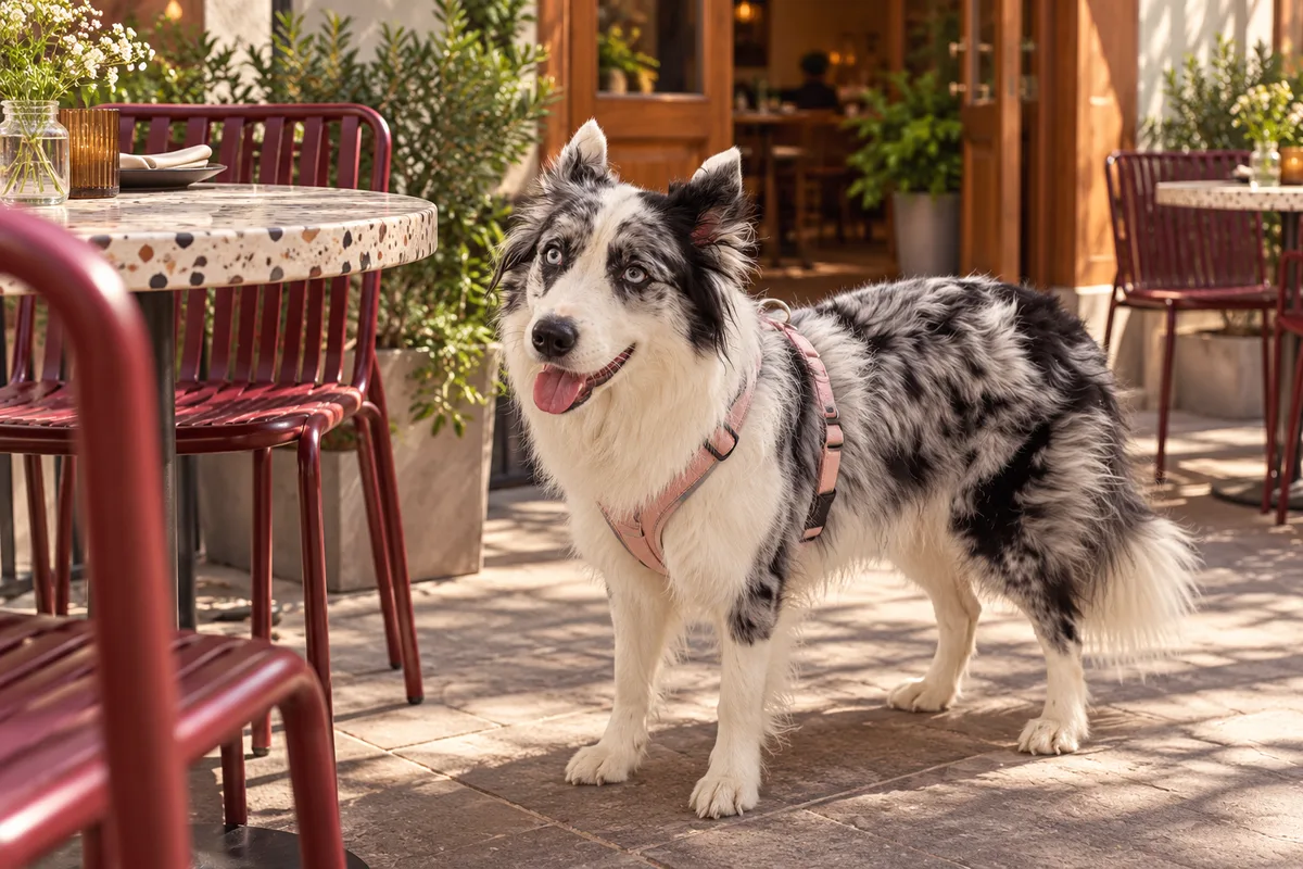 Recreación con IA de Avena, border collie blue merle, en una escena de restaurante para la ficha de The Black Sheep.