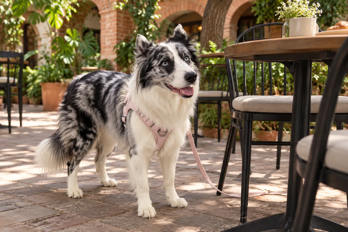Recreación con IA de Avena, border collie blue merle, en una escena de restaurante para la ficha de Thomas Café.