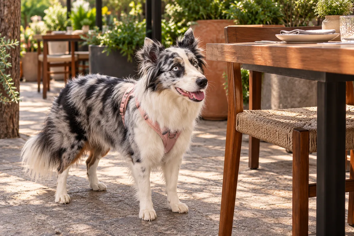 Recreación con IA de Avena, border collie blue merle, en una escena de restaurante para la ficha de Tikuun Comedor.