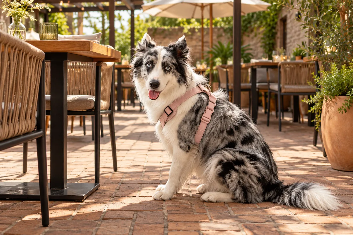 Recreación con IA de Avena, border collie blue merle, en una escena de restaurante para la ficha de Turbio.