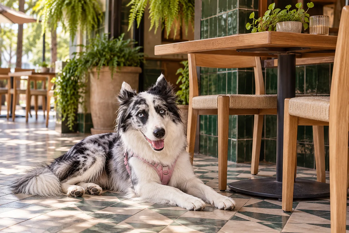 Recreación con IA de Avena, border collie blue merle, en una escena de restaurante para la ficha de Ventura Café.