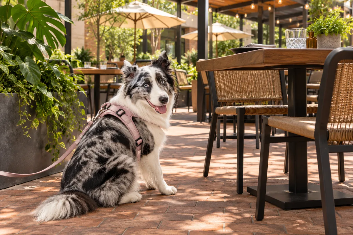Recreación con IA de Avena, border collie blue merle, en una escena de restaurante para la ficha de Vulcanos Chicago Style Pizza.