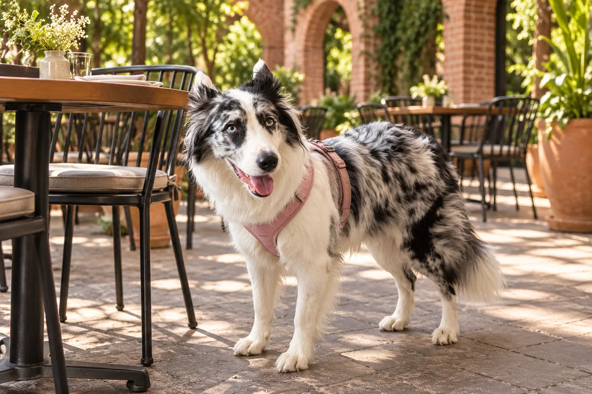 Recreación con IA de Avena, border collie blue merle, en una escena de restaurante para la ficha de Zuno Café.